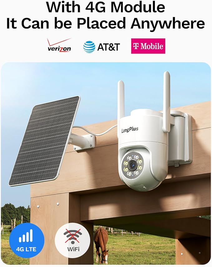 4G LTE Cellular Solar Security Cameras Wireless Outdoor, AOV 24/7 Recording, No WiFi Needed Security Camera, 2K Color Night Vision, 360° View, PIR Motion Detection, Pan Tilt, Built in SIM & SD Card