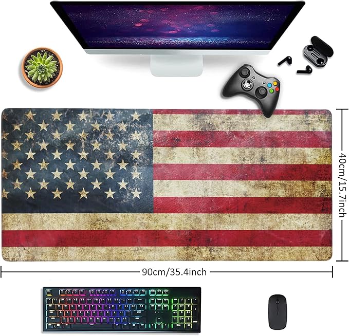 Retro Flag of United States Large Mouse Pad Extended Gaming Mouse Pad Waterproof Desk Mat with Stitched Edge,Non Slip Base Keyboard Mouse pad for Home Office 35.4" X 15.7"