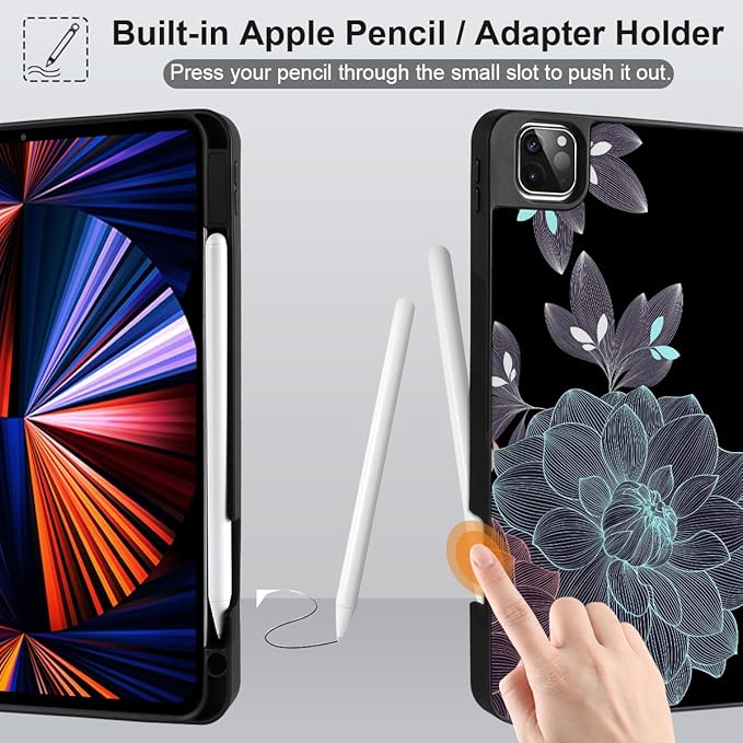 DONGKE Case for 2022/2021/2020/2018 iPad Pro 11 inch Gen 4/3/2/1 - Slim Protective Case - Built in Pencil Holder Support Charging - Trifold Stand & Sleep/Wake Cover - Elegant Flowers