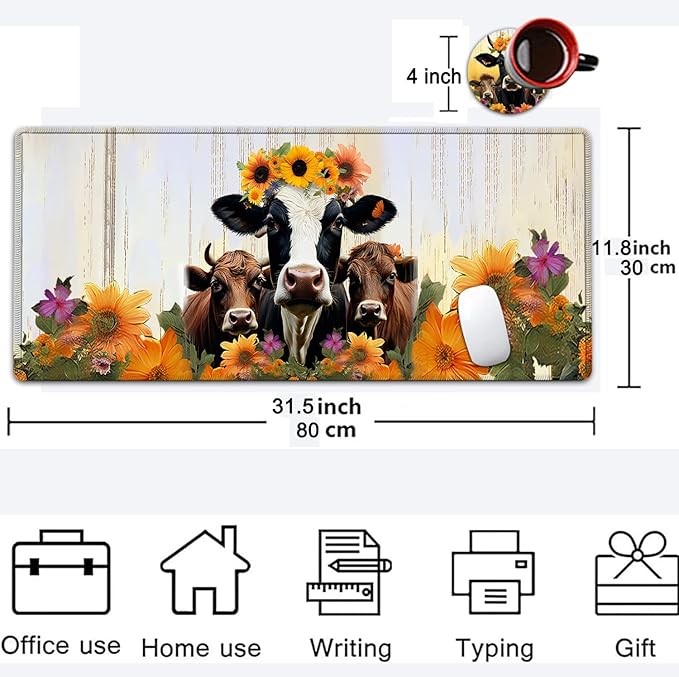 Large Mouse Pad, 31.5 x 11.8in Extended Gaming Mouse Pad with Stitched Edges, XXL Mousepad Protector Non Slip Rubber Base for Office & Home Writing Mat, Sunflowers Farmhouse Cow Pattern White Desk Mat