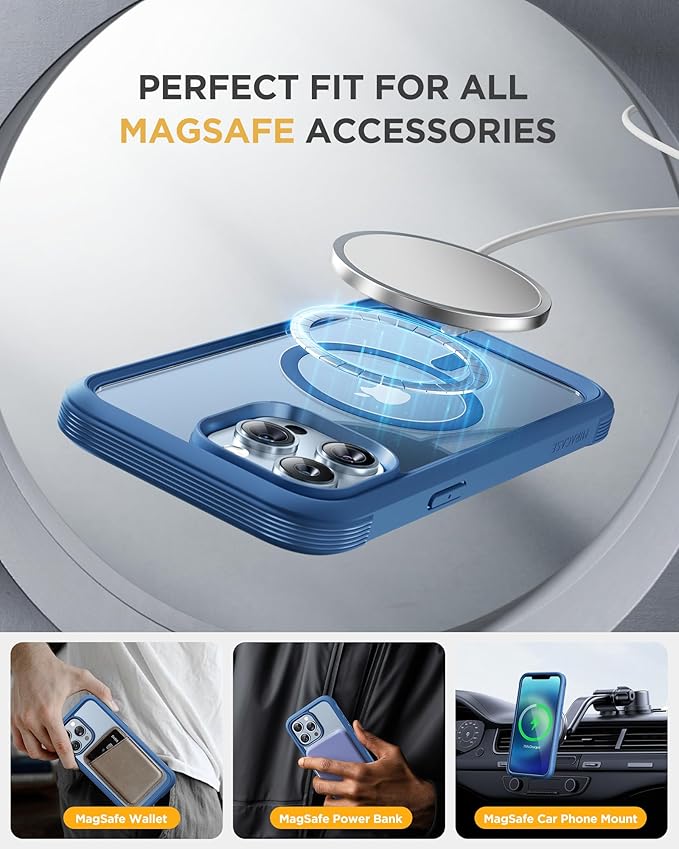Miracase Magnetic for iPhone 13 Pro Max Case 6.7 inch, (Compatible with MagSafe) Upgrade Full-Body Clear Phone Bumper Case with Built-in 9H Tempered Glass Screen Protector, Magnetic Capri Blue