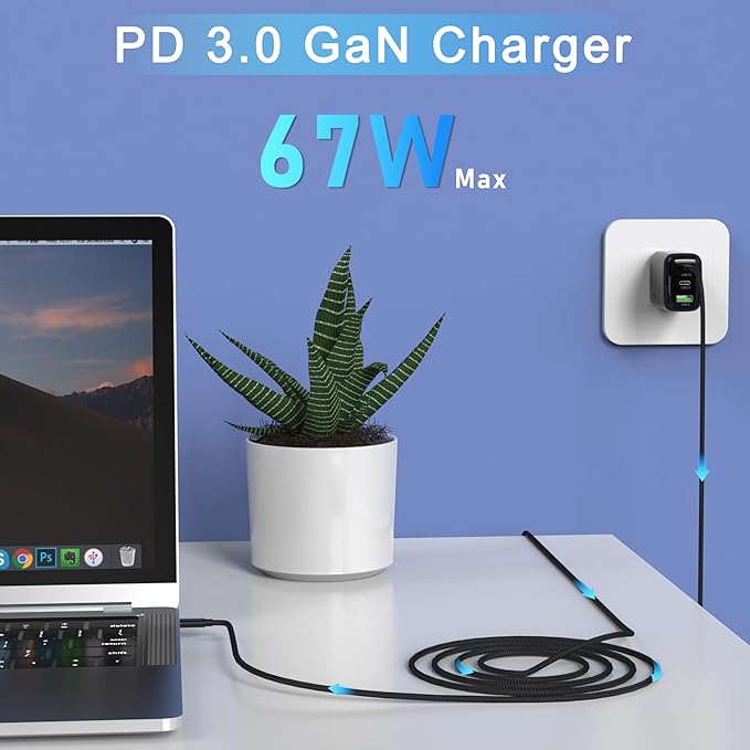 67W USB C Wall Charger, 3-Port GaN Fast Charger Block,Replacement for MacBook Pro/Air, iPad, iPhone 15/14/Pro, Galaxy, Pixel, Apple Watch and More