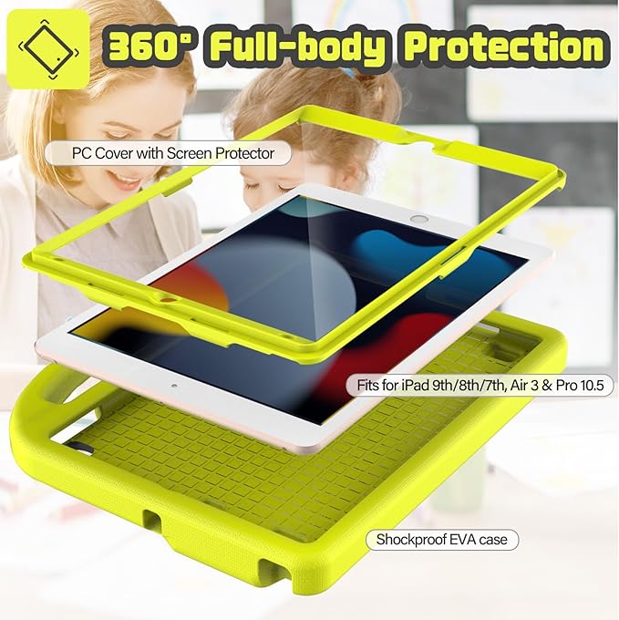 YIHE Kids Case for iPad 9th/8th/7th Generation, iPad Pro 10.5 & Air 3, Shockproof Protective Cover with Handle Stand & Screen Protector for 10.2/10.5 Inch iPads, Light Yellow