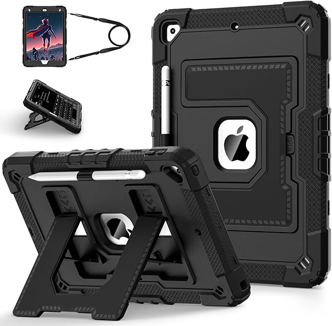 for iPad 9th/ 8th/ 7th Generation Case 10.2 Inch iPad Case 9th Generation with Pencil Holder,Heavy Duty Shockproof Cover for i Pad 10.2 Cases 2021/2020/ 2019,Black