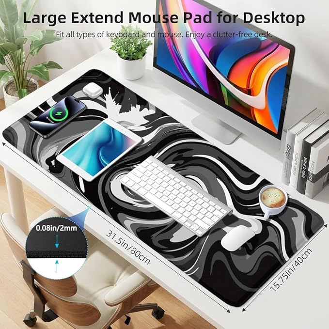 Large Gaming Mouse Pad - Black and White Mouse Pad with Stitched Edges, Extended XL Mousepad with Anti-Slip Rubber Base, Ink Liquid Wave Desk Mat for Keyboard and Mouse(31.5x15.8 inch)