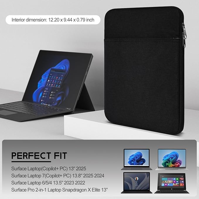 13 inch Laptop Sleeve Case for 2025 2024 Microsoft Surface Laptop7 Copilot+ PC 13.8" & 13.5" Surface Laptop 6/5/4, Water-Resistant Shockproof Tablet Bag Cover w/Accessory Pocket -Black