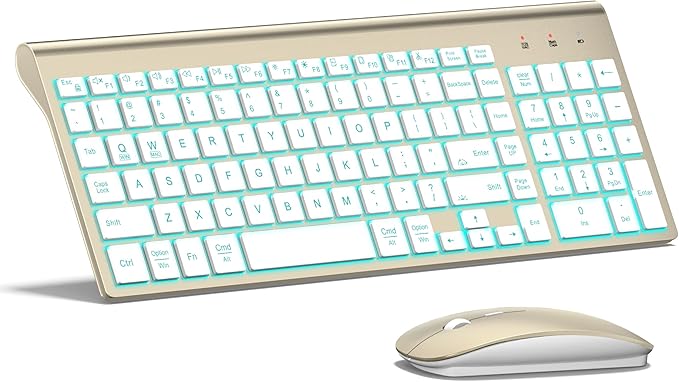 TopMate Wireless Keyboard and Mouse Ultra Slim Combo, 2.4G Silent Compact USB 2400DPI Mouse and Scissor Switch Backlit Keyboard Set, for PC/Laptop/Windows/Mac/Gaming - Gold White