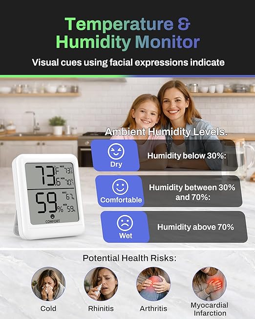 BN-LINK Digital Hygrometer Indoor Room Thermometer, Accurate Temperature and Humidity Meter with Large LCD Monitor for Home, Bedroom, Terrarium, Incubator, Greenhouse, 2 Pack