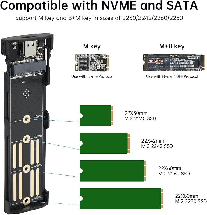ELUTENG M.2 SSD Enclosure M.2 NVME SATA Dual Protocol Hard Drive Enclosure Aluminum USB 3.2 Gen 2 10Gbps External NVMe to USB SSD Reader Max 4TB Supports M and B&M Keys SSDs