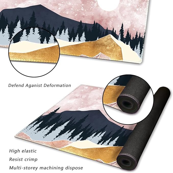 ARTSO Large Gaming Mouse Pad with Stitched Edges, XXL Extended Keyboard Mat Long Mousepad Desk Decor Writing Pad 35.1x15.7 in, Non-Slip Base for Work, Game, Office, Home, Pink Abstract Mountain