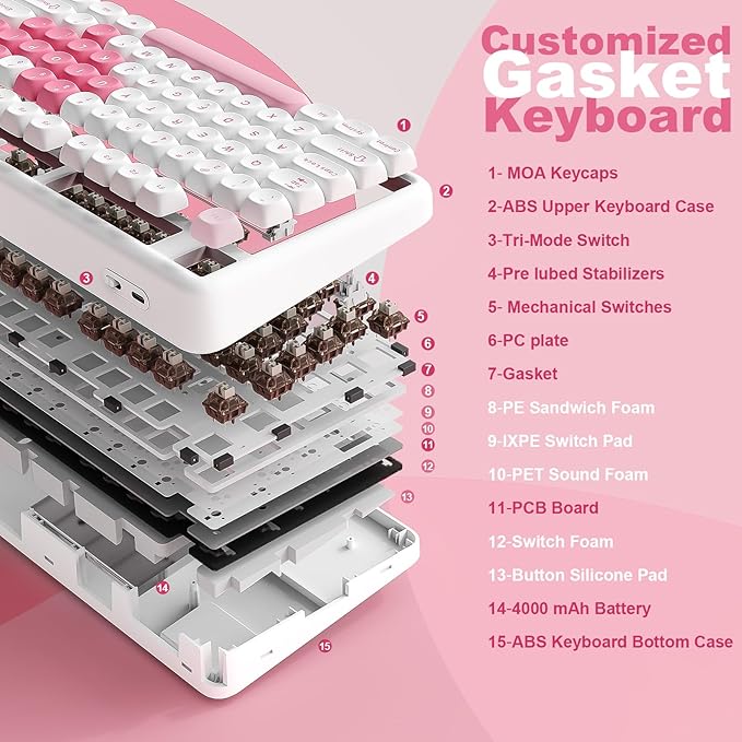 YUNZII B87 Wireless Mechanical Keyboard,QMK/VIA Programmable,TKL Layout 87 Keys,BT/2.4G/USB-C,Hot Swap Gasket Mount RGB Backlit Gaming with Wrist Rest for Win/Mac (White Heart, Cocoa Cream V2)