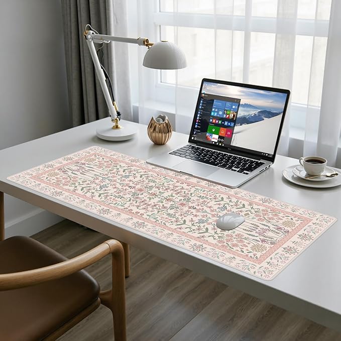 Baziabbo Pink Floral Desk Mat,XXL Extended Big Mouse Pad,Gaming Mousepad with Stitched Edge,Non-Slip Rubber Base Keyboard Desk Pad for Home Office Study Game
