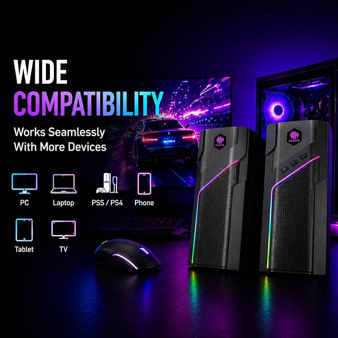 RGB Gaming Speakers for PC, W-206RE Desktop Computer Speakers with 21 LED Light Modes, Touch-Control Lighting, USB Powered Stereo Sound for Laptop & PS5