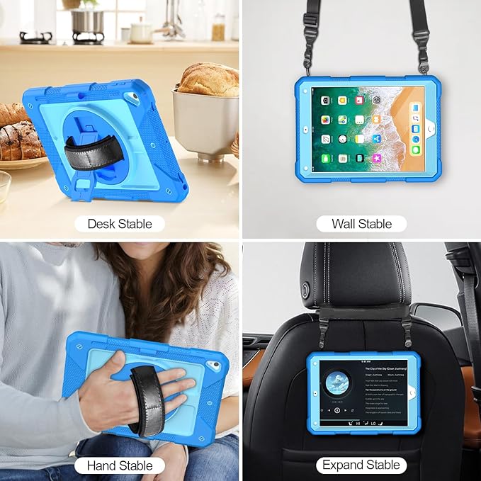 MENZO Shockproof Case for iPad 5th Gen/6th Gen/Air 2/Pro 9.7-inch with 360° Swivel Stand, Pencil Holder, Detachable Hand and Shoulder Strap, Blue+Baby Blue