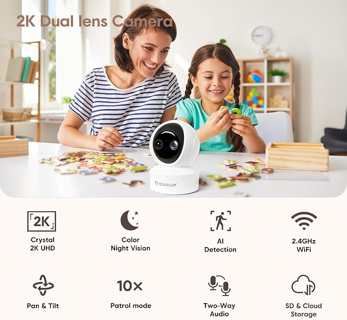 VSTARCAM Dual Lens Indoor Security Camera, 2K QHD with 10X Zomm, 360° Pan-Tilt 2.4GHz with Color Night Vision, Motion Detection, Real-time Alerts, 2-Way Audio, Cloud & SD Card Storage(up to 256GB)