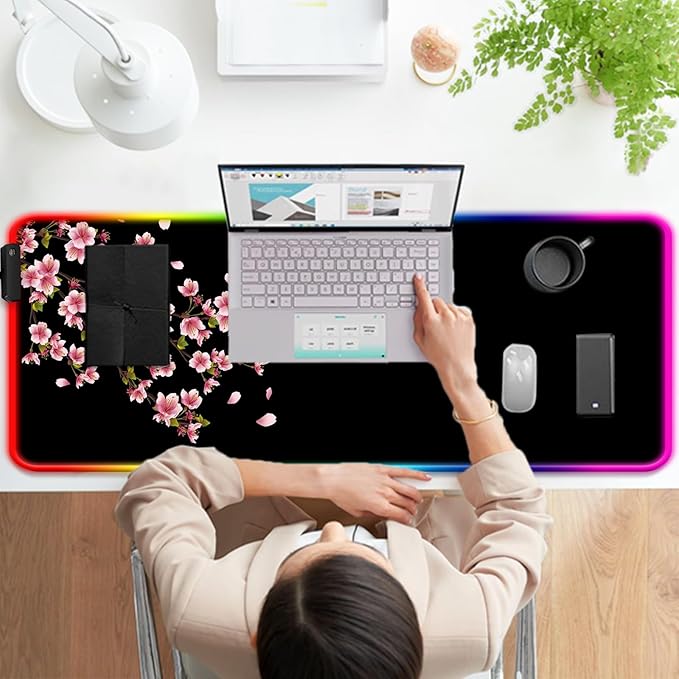 RGB Japanese Cherry Blossom Gaming Desk Mat, Computer Keyboard Large Extended Flowers LED Mouse Pad for Office and Home, 31.5×11.8 Inches, XL, Black