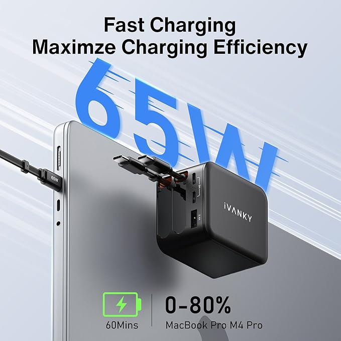 iVANKY 65W Retractable Wall Charger for MacBook, 5-in-1 USB C GaN Charger Block with Dual USB C Cables, 33.5 inches, PD PPS Fast Charging, 5-Port Power Adapter for Laptop/iPhone 17/16/15/14 Pro Max