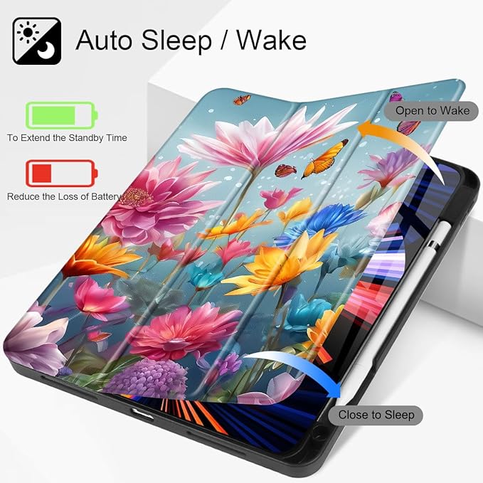 Tuiklo for iPad Pro 12.9 inch 6th / 5th / 4th / 3rd Generation 2022 2021 2020 2018 Release Case- Built in Pencil Holder Slim Protective Cover with Auto Wake/Sleep, Multicolored Floral