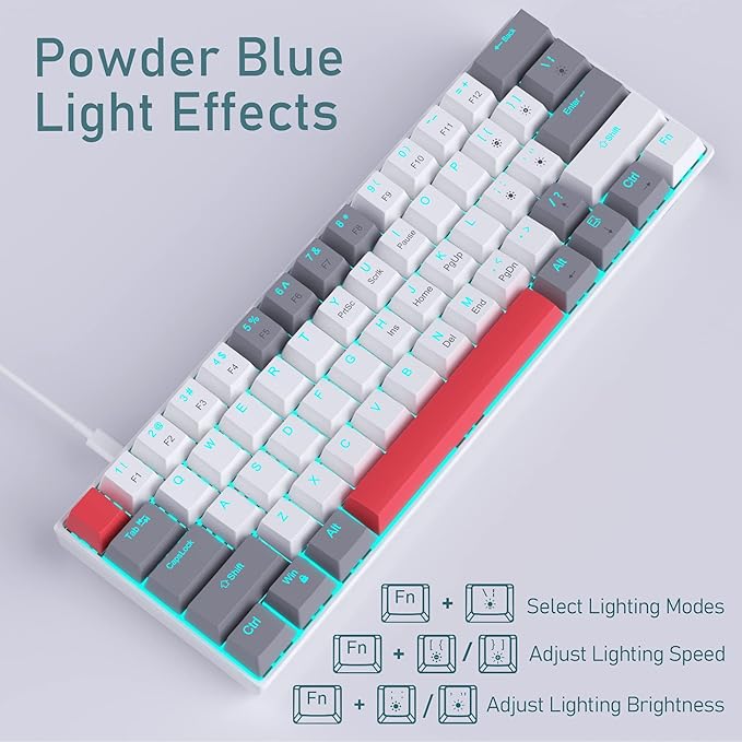 Camiysn 60% Mechanical Gaming Keyboard,Mixed Color Keycaps Gaming Keyboard with Red Switches, Detachable Type-C Cable Mini Keyboard with Blue LED Light for PC/Laptop