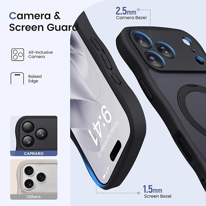 CAPRARO for iPhone 17 Pro Case with 360° Spin Magnetic Stand for Women, [Compatible with MagSafe] [Full Camera Protection] Cute Wave Translucent Matte Case for iPhone 17 Pro, Black
