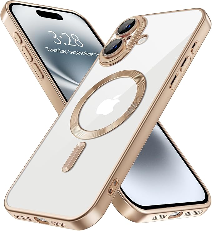 Hython Magnetic Clear for iPhone 16 Case with Camera Lens Protector [Compatible with MagSafe] Luxury Plating Edge Slim Soft TPU Cover Protective Phone Case for iPhone 16 6.1", Matte Desert Brown