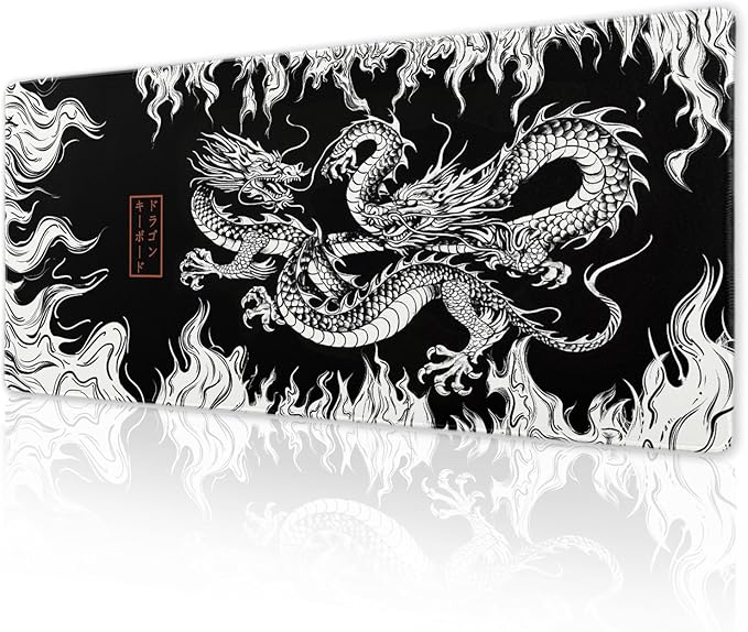 Japanese Dragon Mouse Pad XL Black White Aesthetic Anime Extended Desk Mat 80X30 cm Non-Slip Rubber Base Stitched Edge Large XL Mousepad for Desk Gaming Laptop Desktop,31.5×11.8 Inch