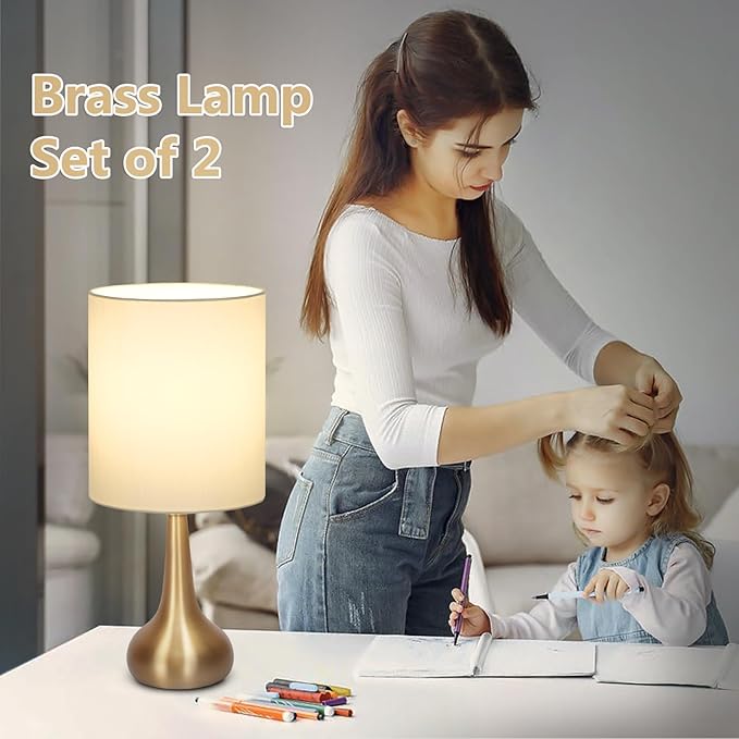Set of 2 Bedside Touch Lamps, 16 Inch Dimmable Small Nightstand Lamp, Night Light Lamp Simple Touch Table Lamp with Brass Metal Base for Living Room Bedroom Office, A19 3000K Led Bulb Included