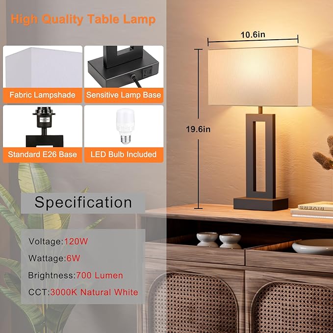 Nightstand Table Lamps for Bedrooms Set of 2 - Touch Bedside Lamp with USB C+A, 3 Way Dimmable Living Room Lamps for End Tables Set of 2, Modern Night Stand Lamps for Bed Side Guest Room(White)