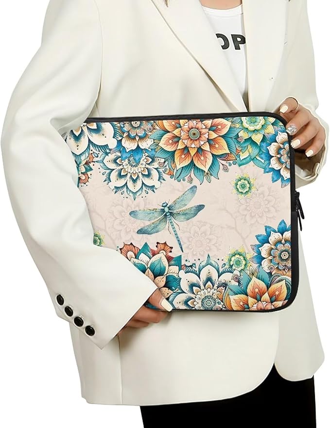 Boho Flower Dragonfly Laptop Protective Sleeve for Women Men Computer Sleeve 17 Inch Laptop Case Bag Lightweight Computer Carrying Case Suitable GITS for Teens Tablet Bags