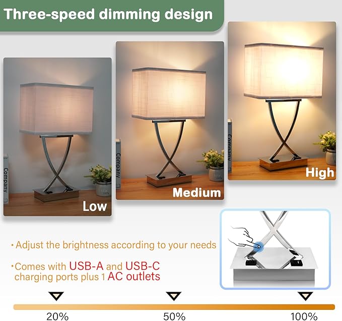 OYedis 21.38" Table Lamp for Bedroom Living Room 3-Way Dimmable Touch Control Medium Chrome Bedside lamp with USB A+C Ports，Nightstand Lamp with White Linen Shade Bulb Included (White-Chrome)