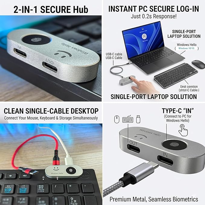 Portable USB Fingerprint Reader for Windows 10/11 PC and Laptops, Windows Hello Biometric Scanner, 360° Touch, Fast Login (<1 Second), Type-C Fingerprint Reader with Security Key.
