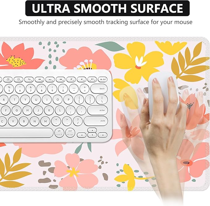 iCasso Desk Matt for Desktop, Cute Desk Pad Mat, XXL Large Mouse Pad, Anti-Slip Big Mousepad with Stitched Edges, Keyboard Pad Mouse Mat for Computer, Work, Gaming (Flowers Leaves)