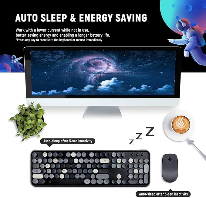 Wireless Keyboard and Mouse Combo, Retro Typewriter Style Round Key Keyboard, 2.4GHz Aesthetic Cute Bubble Full Size Keyboard with Number Pad for PC Computer Laptop Desktop–Black Grey Colorful
