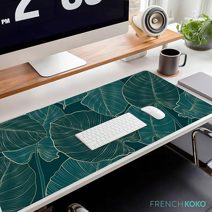 French KOKO Large Mouse Pad, Desk Mat, Keyboard Pad, Desktop Home Office School Essentials College Cute Decor Big Extended Protector Computer Accessories Pretty Mousepad Women Girls XL Green Leaves