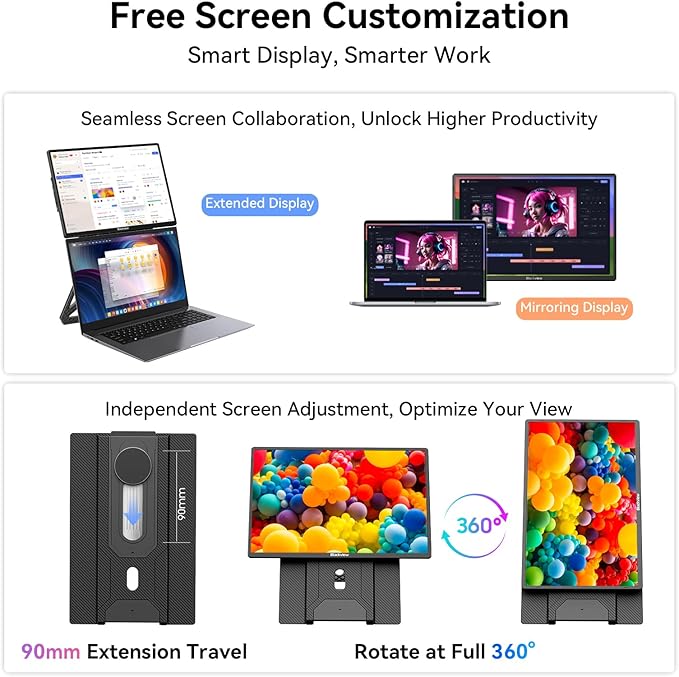 Blackview 16" Laptop Screen Extender, 360° Rotating Detachable Magnetic Stand, FHD 1200P IPS Portable Monitor for Laptop, True Plug & Play for Business Travel, Support Windows/Mac/Android/VESA