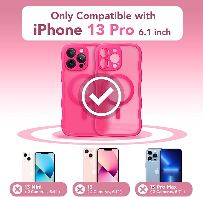 CAPRARO Cute for iPhone 13 Pro Case, Compatible with MagSafe, [Curly Wave Edge] [Full Camera Protection] [14 FT Drop Protection] Magnetic Phone Case for 13 Pro 6.1 Inch, Hot Pink