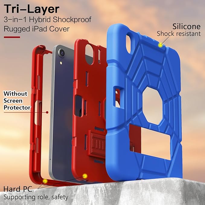 Grifobes Case for iPad mini 7th 2024 (A17 Pro) / Mini 6th Generation 2021 8.3", Heavy Duty Shockproof Cover with Pencil Holder Stand, for i Pad Mini 7/6 Gen 8.3 inch Case (Blue+Red)