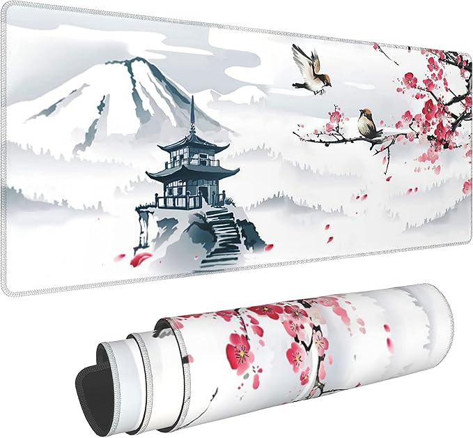 Japanese Pagoda Cherry Blossom Gaming Mouse Pad XL Birds Sakura Branch Mountain Extended Large Desk Cover Table Mat Non-Slip Rubber Base Stitched Edge Long Keyboard Playmat for Gamer,31.5×11.8 in