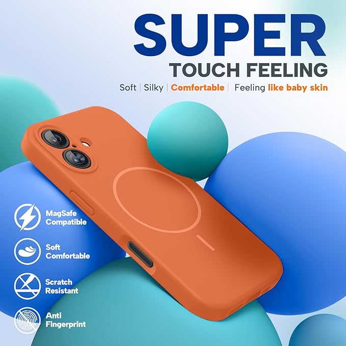 Miracase Magnetic for iPhone 16 Plus Case, [Soft Anti-Scratch Microfiber Lining], Compatible with MagSafe, Liquid Silicone Shockproof Drop Protection Phone Case for 16 Plus,Orange