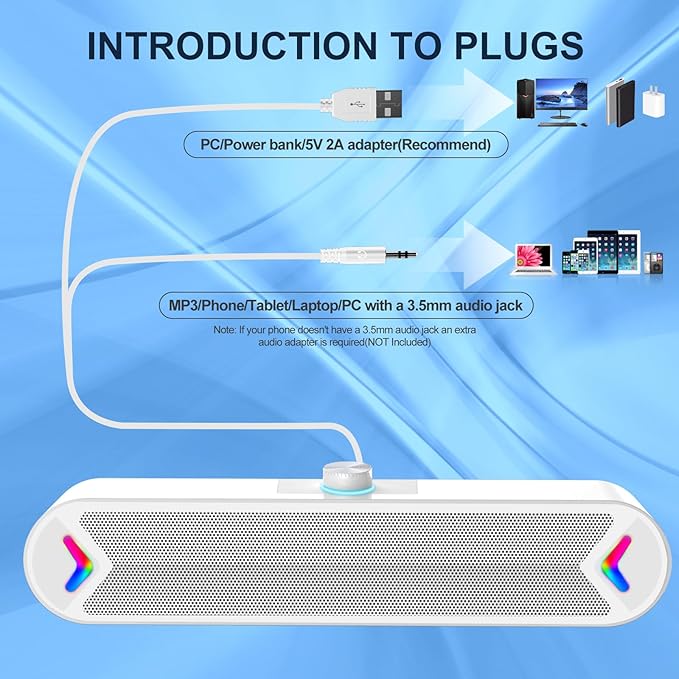 LENRUE Computer Speakers,Wired USB-Powered PC Speakers with 10W Stereo Sound,Sound-bar Speakers for PC Desktop Computer Laptop Monitor (AUX-White)