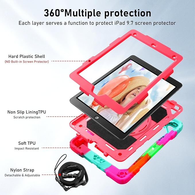 for iPad 6th Generation/iPad 5th Gen/iPad Air 2/iPad Pro 9.7" Case with Cute Key Chain, Rugged Protective Case with Rotating Stand & Shoulder Hand Strap for iPad 6th/5th/ Air 2 (Rainbow Rose)