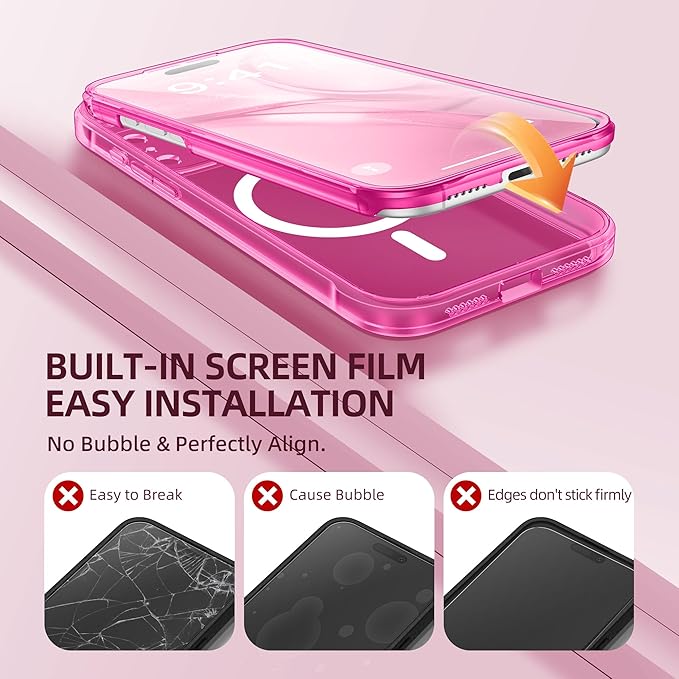 BERFY for iPhone 17 Pro Case, Compatible with MagSafe, Built-in Glass Screen Protector, Camera Protection, Shockproof Full Body Phone case 6.3", Clear Bright Pink
