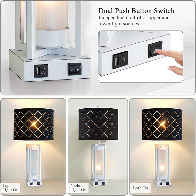 25" Set of 2 Farmhouse Table Lamps with USB C+A Ports, Rustic Retro Nightstand Lamps with White Night Light, Black Grid Shade, Desk Lamps for Bedroom Bedside, 4 Bulbs Included
