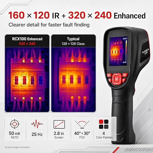 RCX100 Thermal Imaging Camera for Home Inspection, HVAC & Electrical Troubleshooting, 320x240 Enhanced Resolution, 25Hz Infrared Camera, 2.8" Bright Screen, Temp Alerts, Rechargeable