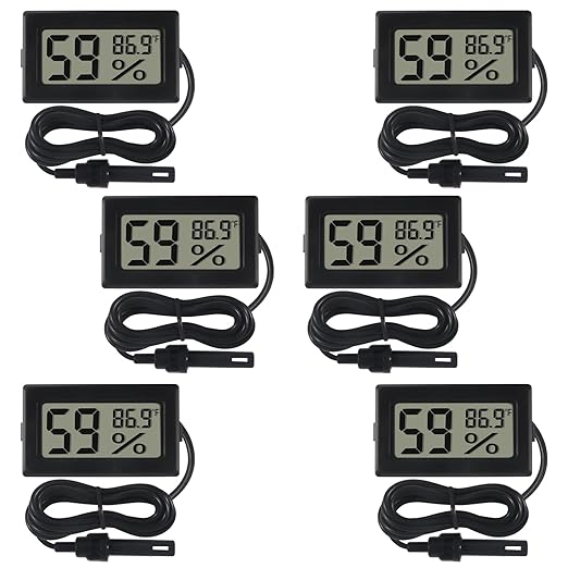 6-Pack Mini Digital Thermometer Hygrometer with Probe Indoor Temperature Humidity Meter Gauge LCD Fahrenheit Display Hygrometer Thermometer Gauge, Black