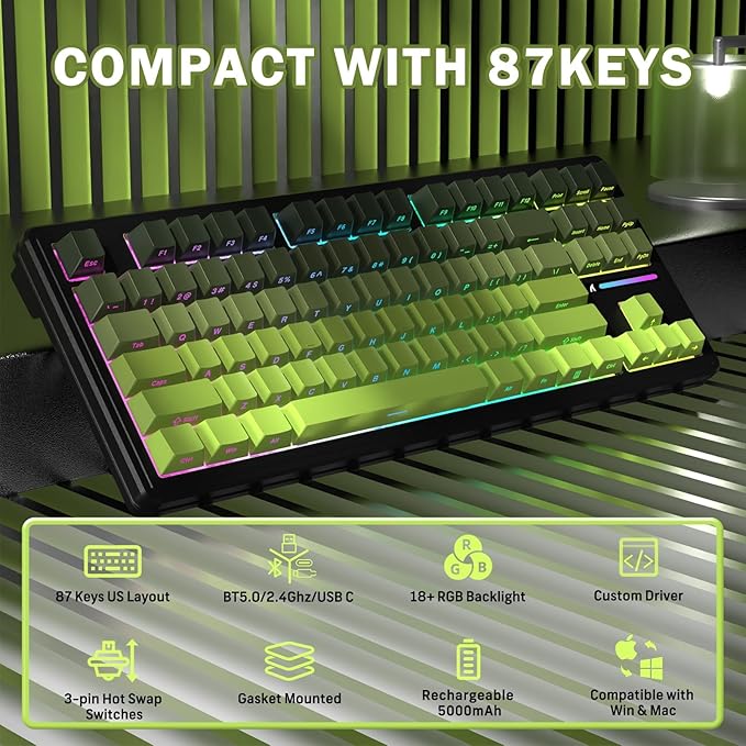 FELICON Attack Shark M87 PRO Wireless Mechanical Gaming Keyboard – 87-Key Tri-Mode (Bluetooth 5.0/2.4Ghz/USB-C), Hot-Swappable Linear Switch, RGB Backlit, 5000mAh Battery – Matcha Green