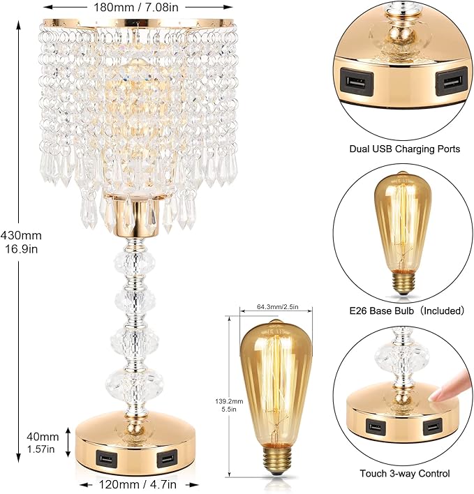 Crystal Table Bedside Lamp Touch Control, 3-Way Dimmable Small Nightstand Lamp with 2 USB Charging Ports, Decorative Gold Tabletop Lamp for Bedroom, Living Room and Guest Room