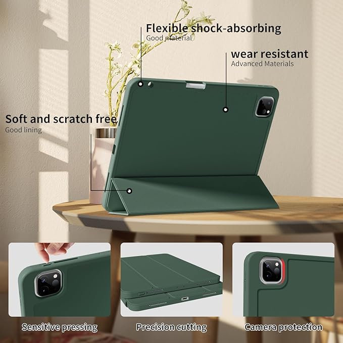 Case for iPad Pro 11 inch (M5/M4) 2025/2024 with Pencil Holder,Tri-Fold Stand Cover, Protective Soft TPU Back&Shockproof Air Corner,Supports Apple Pencil Pro, Auto Wake/Sleep (Dark Green)