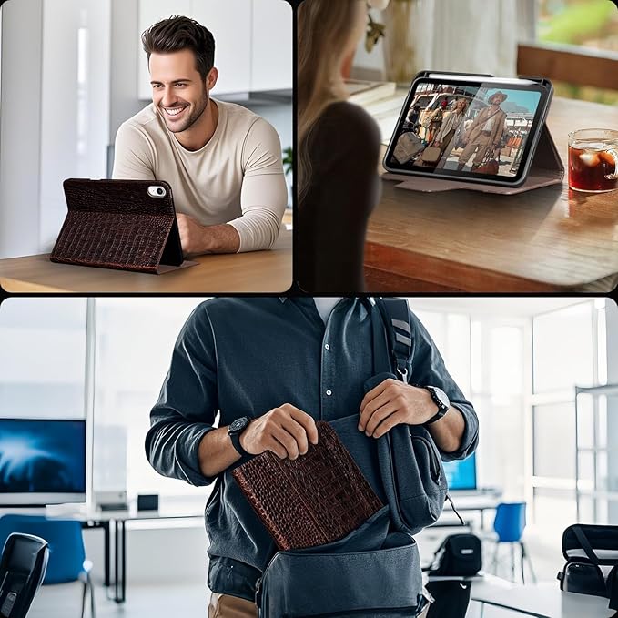 Gexmil Premium Leather Case for iPad mini 7 (A17 Pro) 2024 / iPad mini 6 Generation 2021 8.3 Inch,Pencil Holder, Magnetic Closure,Shockproof Cowhide Cover,Adjustable Stand,Brown Crocodile