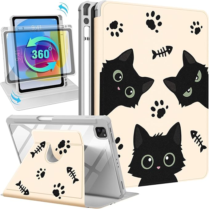 Uppuppy for iPad Air 11 inch Case(Air M4 2026, 8th Gen/M3 2025/M2)/Air 5th/4th Gen 10.9", for iPad Pro 11 inch Case(4th/3rd/2nd/1st Gen) - 360 Rotating Smart Folio Cover with Pencil Holder, Black Cat